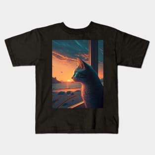 Design of a grey cat watching a sunset by the sea Kids T-Shirt